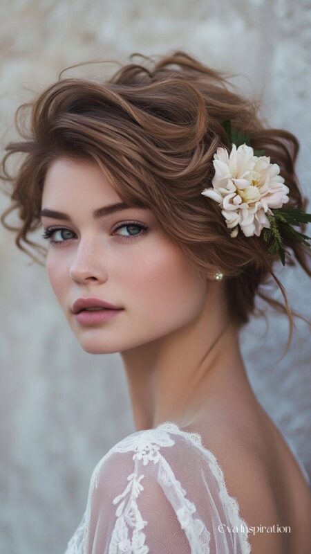 coiffure mariage chaeveux court bouclé coté