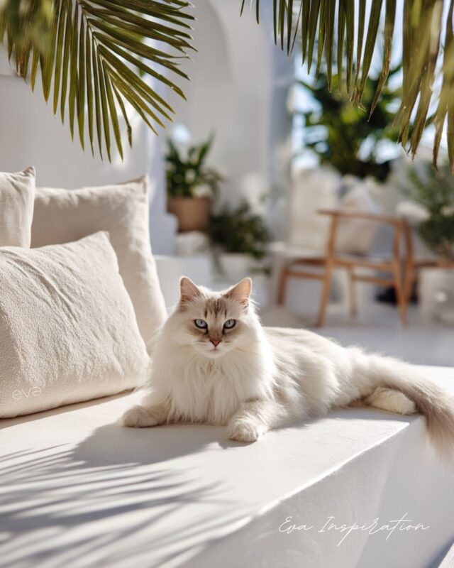 Chat à poils longs aux yeux bleus sur une terrasse blanche avec plantes.