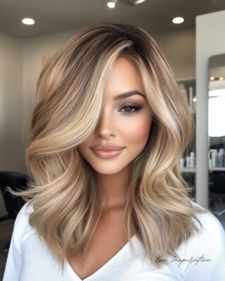 Balayage blond tendance, reflets naturels miel, beige ou cendré, lumière douce, idée couleur cheveux chic et moderne.