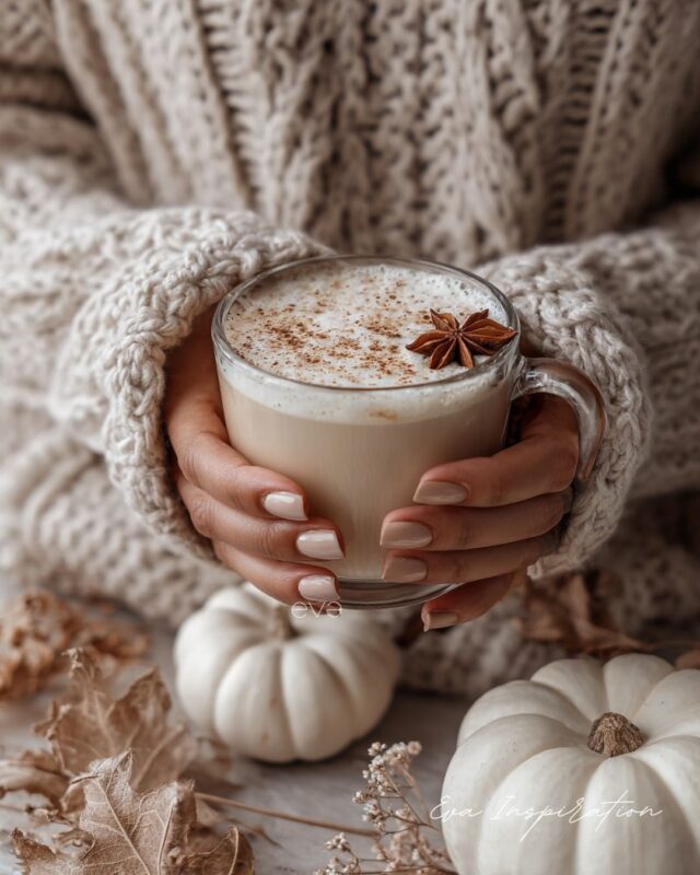 Chaï latte automne avec mousse, cannelle et badiane, boisson chaude cosy tenue dans un pull en maille.