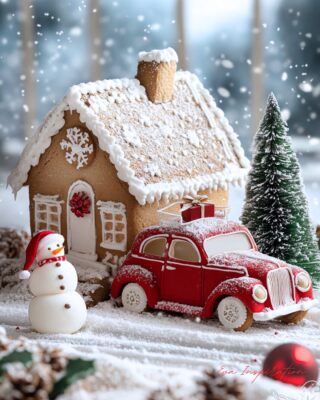 Maison en pain d’épices avec voiture rouge et sapin – idée déco Noël