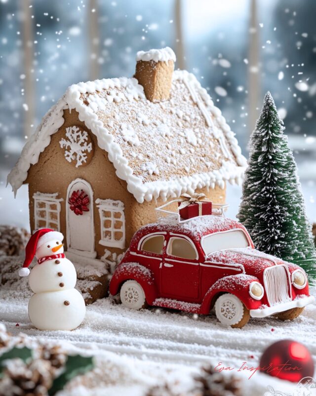 Maison en pain d’épices avec voiture rouge et sapin – idée déco Noël