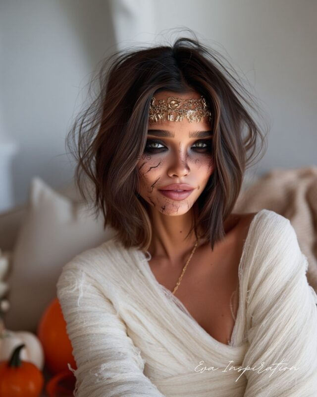 Femme déguisée en momie glamour pour Halloween, maquillage sombre et accessoire doré, ambiance déco citrouilles, style Eva Inspiration.