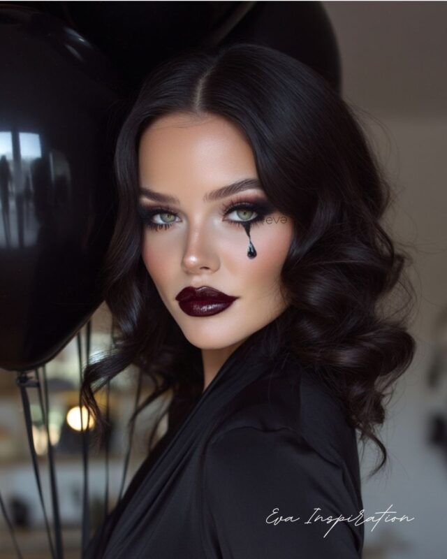 Maquillage Halloween clown noir chic avec lèvres bordeaux et larme noire glamour