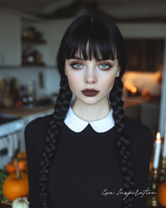Portrait d’une femme déguisée en Wednesday Addams avec robe noire, col blanc, tresses et maquillage sombre, ambiance Halloween dans une cuisine décorée de citrouilles.