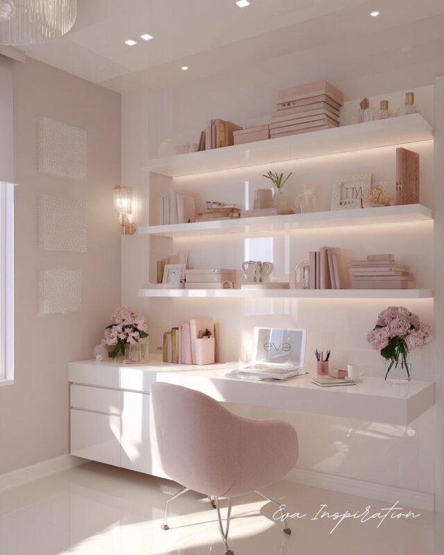 Bureau féminin laqué rose poudré, étagères modernes et chaise arrondie dans une chambre lumineuse