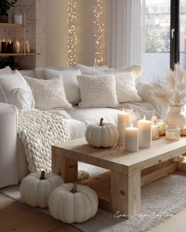 Salon cocooning automnal avec canapé blanc, plaid en grosse maille, citrouilles blanches et bougies sur table en bois.