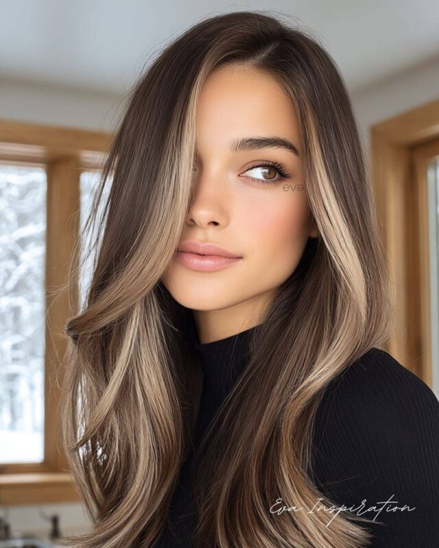 Idée coiffure tendance automne-hiver Eva Inspiration, cheveux longs brun beige méché avec brushing souple.