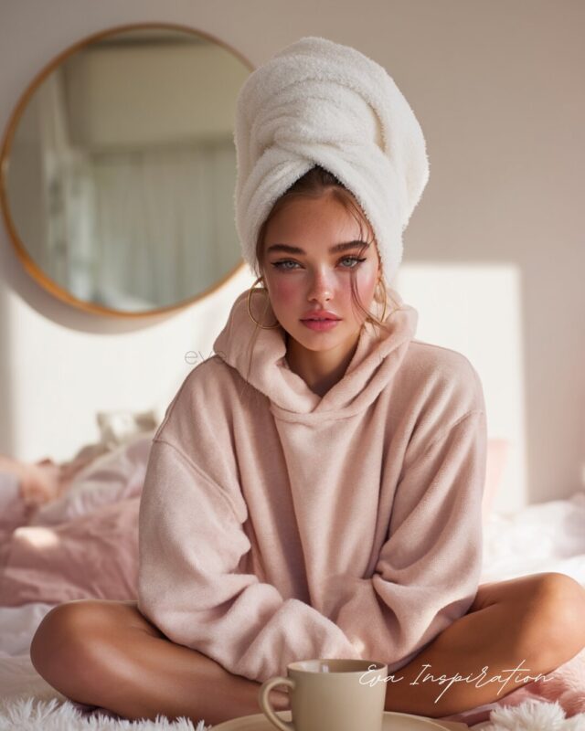 Rituel de rentrée : visage reposé, serviette blanche, pull rose doux