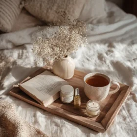 Image d’ambiance bien-être femme avec lumière douce, tasse, produits soin et atmosphère apaisante.