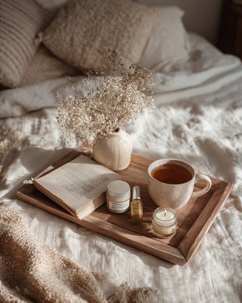 Image d’ambiance bien-être femme avec lumière douce, tasse, produits soin et atmosphère apaisante.
