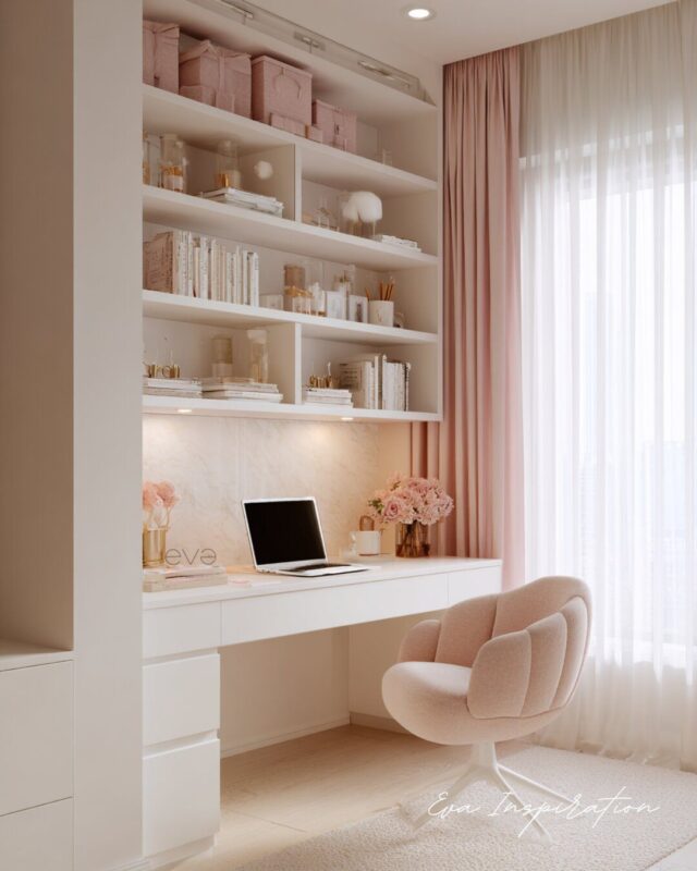 Coin bureau ado fille avec étagères blanches, fauteuil rose et rideaux légers