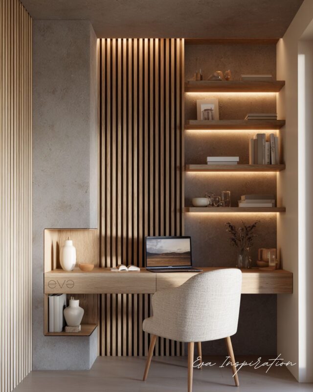 bureau en bois clair moderne avec étagères murales éclairées et chaise beige, idée décoration minimaliste 2026