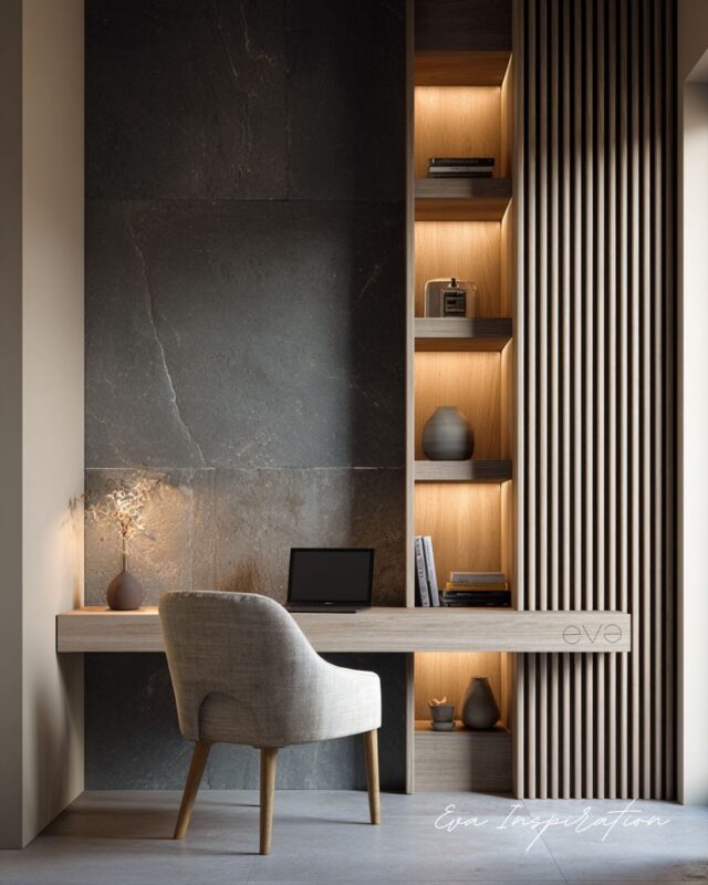 bureau mural bois clair et mur gris béton, étagères murales rétroéclairées, chaise beige, idée déco bureau 2026 moderne et minimaliste