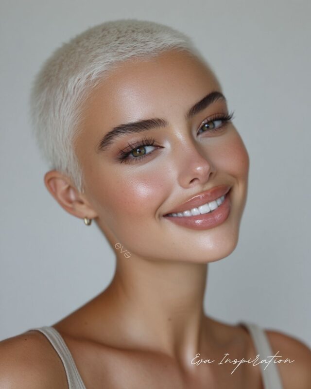 Coupe rasée blond platine, aussi appelée buzz cut. Un style moderne et minimaliste, simple et audacieux.