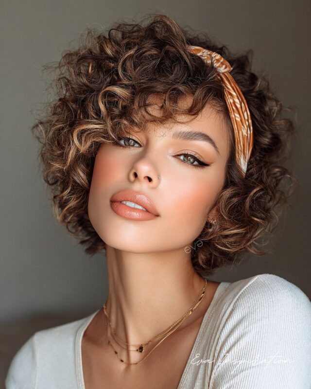 Carré court bouclé avec bandeau, une idée coiffure élégante et moderne. Des boucles pleines de relief avec un accessoire simple qui change tout.