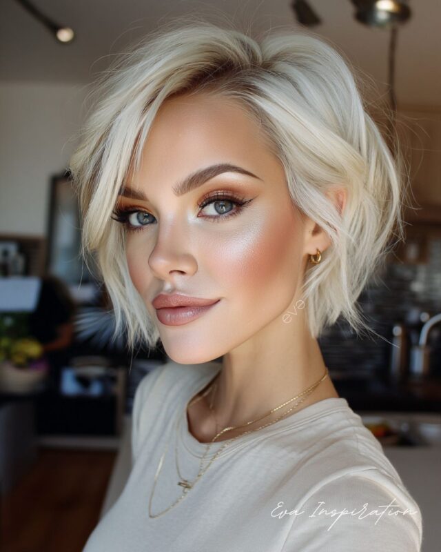 Coiffure femme : carré blond court effilé, lumineux et moderne. Une coupe structurée qui garde du mouvement et de la légèreté.