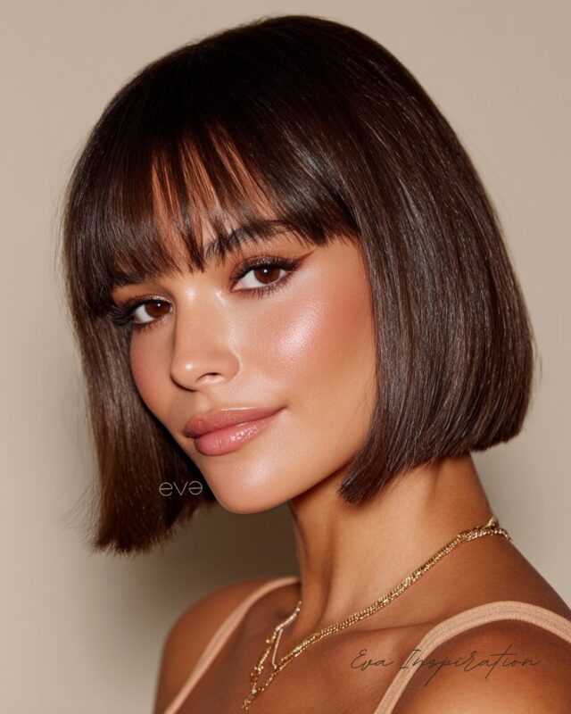 coupe-courte-femme-2026 Inspiration coiffure femme : carré court brun avec frange, une idée tendance et moderne. Une coupe hyper stylée qui met en valeur toutes les générations.