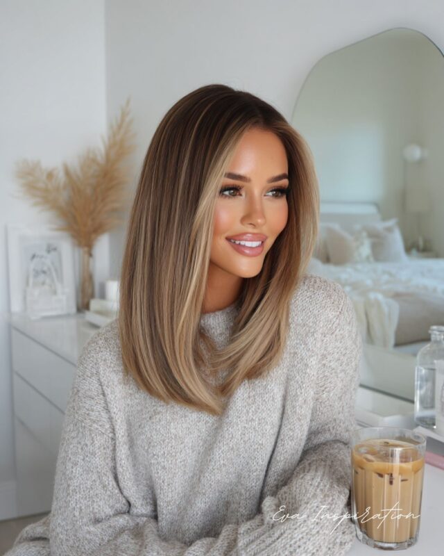 Femme avec un carré long lisse et brillant, balayage beige froid naturel, maquillage lumineux, pull en maille beige