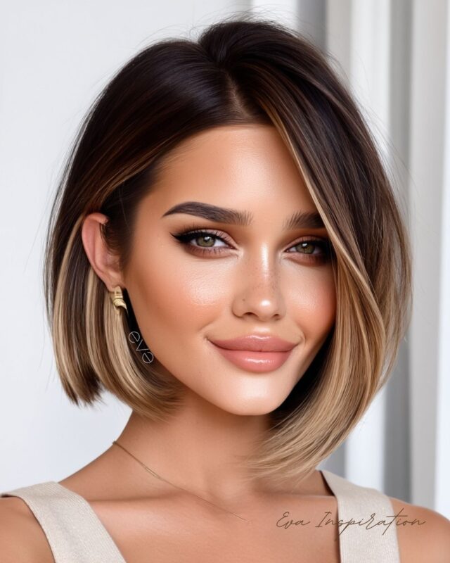 Inspiration coiffure femme : carré plongeant brun blond, lumineux et structuré, une coupe tendance qui affine le visage.