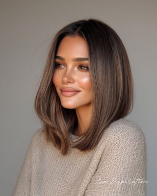 Femme avec un carré rentré mi-long et un balayage miel brillant, cheveux lissés vers l’intérieur, look doux et chic