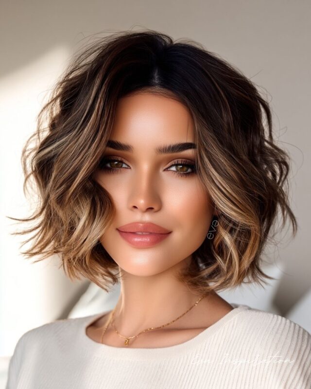 Inspiration coiffure femme : carré wavy brun méché, une idée tendance et moderne. Une coupe hyper stylée, adaptée à tout âge, qui joue sur le volume et la lumière.