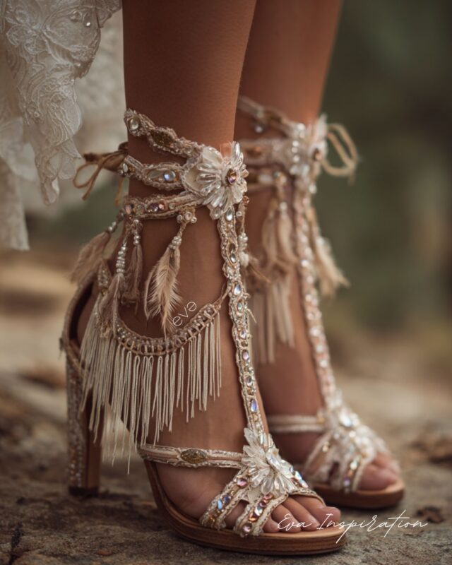 chausssure mariage ouverte ete boheme talon frange plume