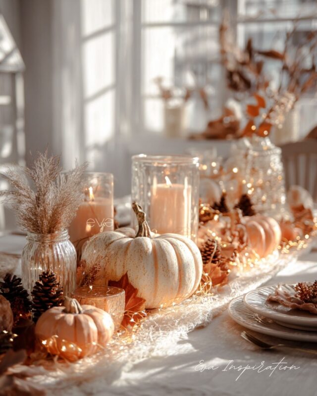 chemin de table automne blanc orange terracotta avec citrouilles et pommes de pin