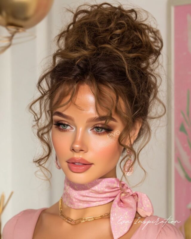 cheveux boucles frange rideau chignon