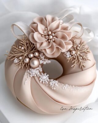 Donut torsadé rose poudré décoré d’une fleur en sucre, de perles nacrées et de flocons givrés