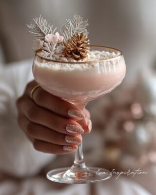 Mocktail rose clair sans alcool dans une coupe, décoré d’une pomme de pin dorée, branches givrées et main avec manucure pailletée