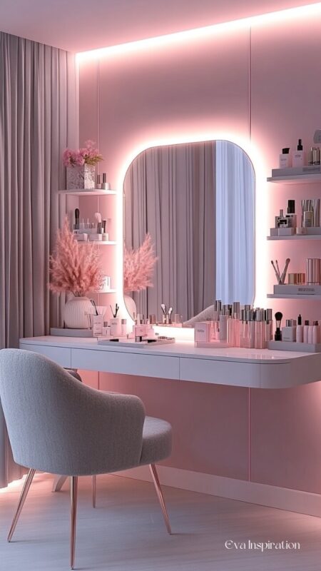 coiffeuse miroir rose blanc