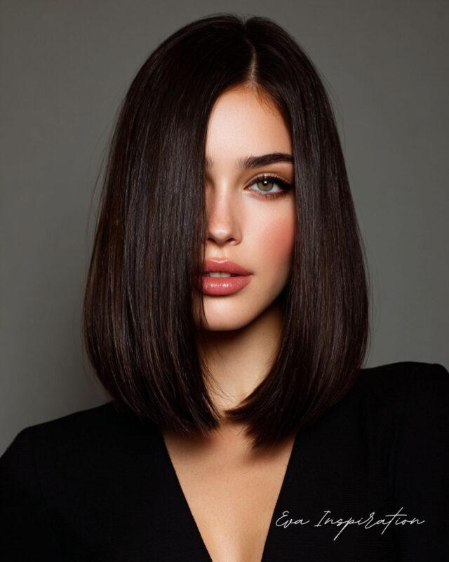 Femme avec un carré long lisse brun espresso, coiffure tendance automne-hiver
