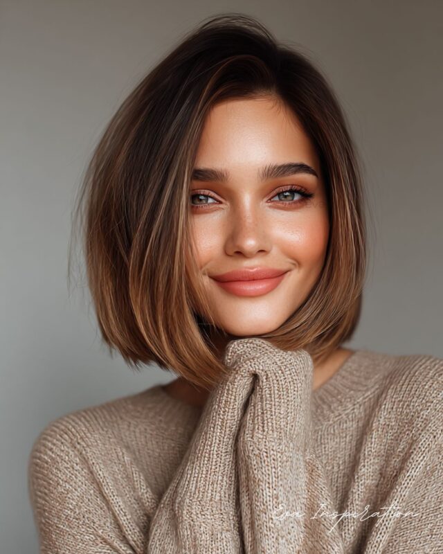 Femme avec un carré court brun noisette brillant, coiffure automne-hiver 2025 tendance