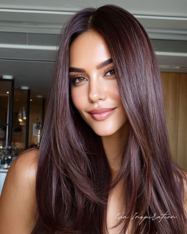 Eva Inspiration idée coiffure tendance automne-hiver, cheveux longs brun prune lisses.