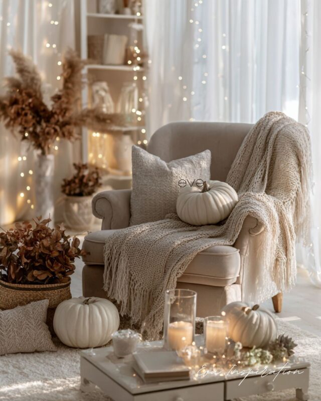 Coin cocooning automne avec fauteuil beige, plaid, coussins, citrouilles blanches et bougies.