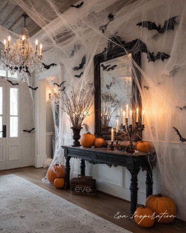 couloir entree halloween decoration fait peur chauve souris toile arraignee