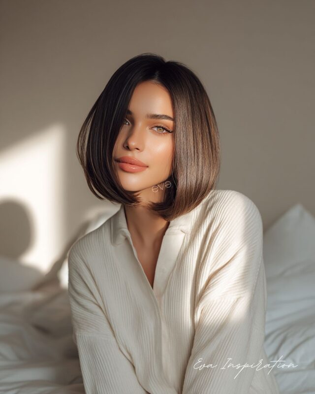 Inspiration coiffure femme : carré court brun, précis et moderne. Une coupe simple et stylée qui encadre le visage avec caractère.