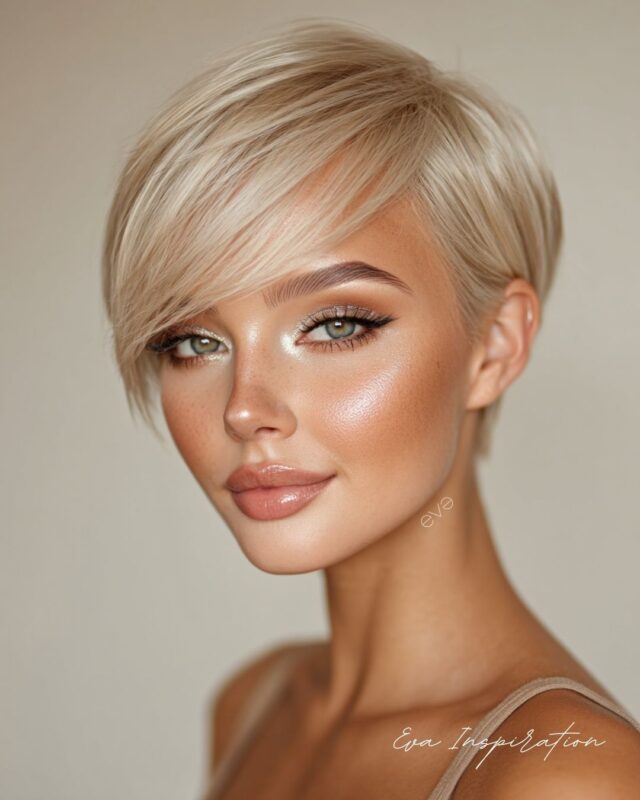 Coupe courte blond clair, une coiffure moderne et élégante qui reste intemporelle et stylée
