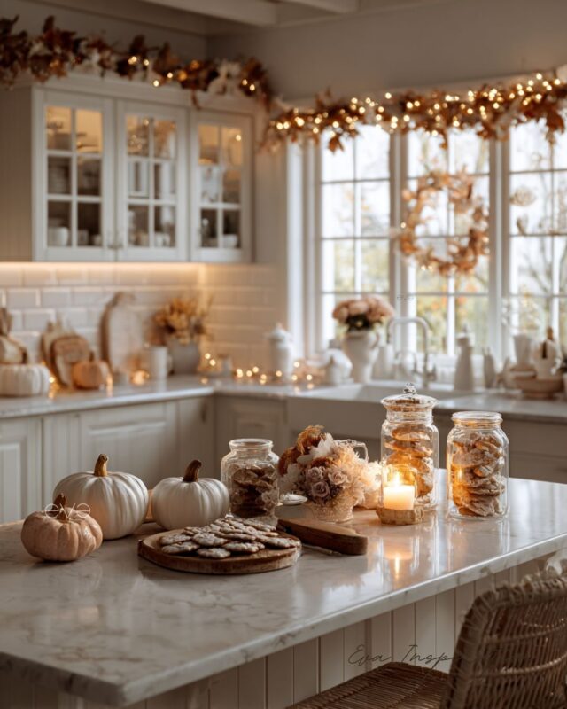 Cuisine décorée pour l’automne avec guirlandes lumineuses, couronne de feuilles et citrouilles sur le plan de travail.