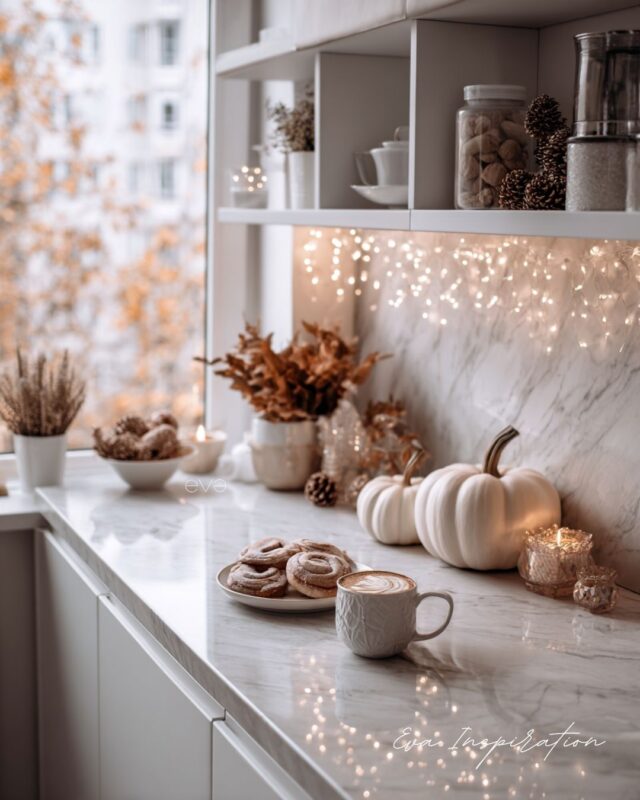 Cuisine automnale cosy avec roulés à la cannelle, tasse de café latte, citrouilles blanches et guirlandes lumineuses.