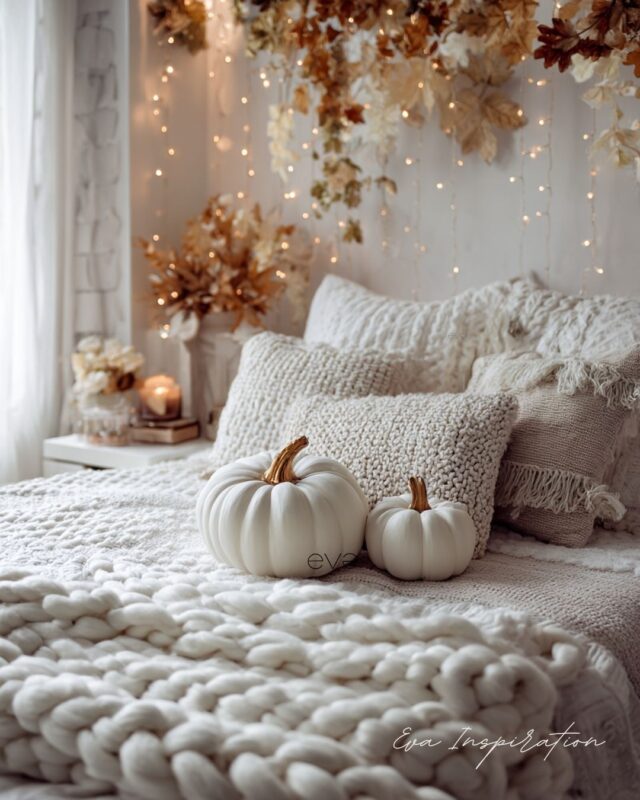 Idée déco chambre automnale avec guirlandes lumineuses, feuilles suspendues et citrouilles blanches sur le lit.