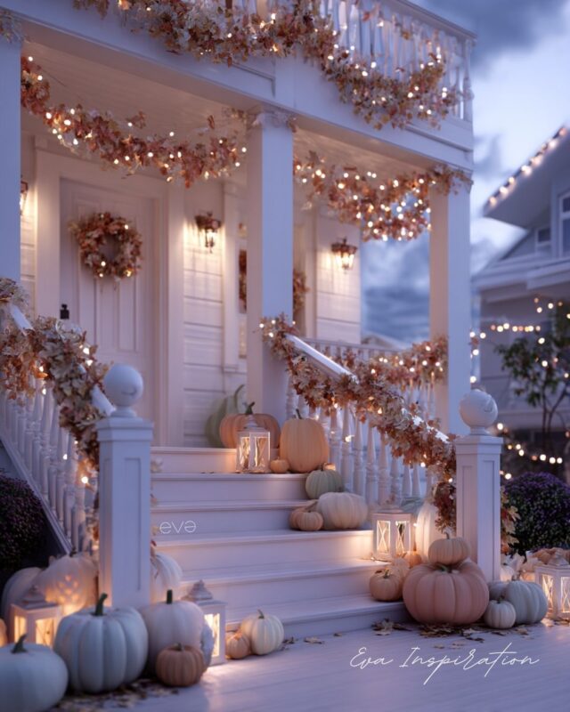Décoration de porche automnal avec guirlandes lumineuses, lanternes et citrouilles blanches à la tombée du jour.