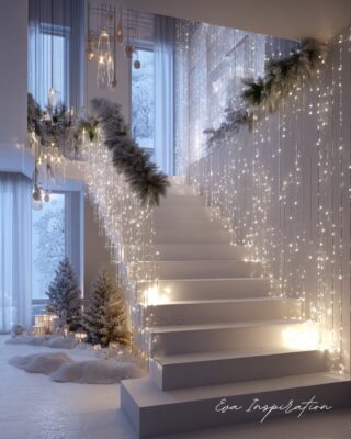 Escalier blanc décoré de guirlandes suspendues avec sapins de Noël enneigés – Eva Inspiration