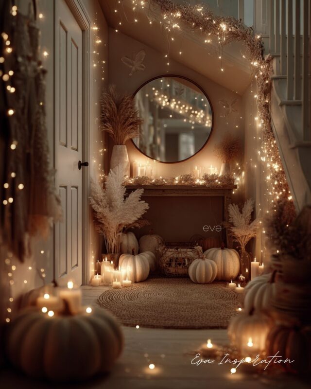 Idée déco entrée automne avec guirlandes féeriques, bougies et citrouilles blanches pour une ambiance chaleureuse.