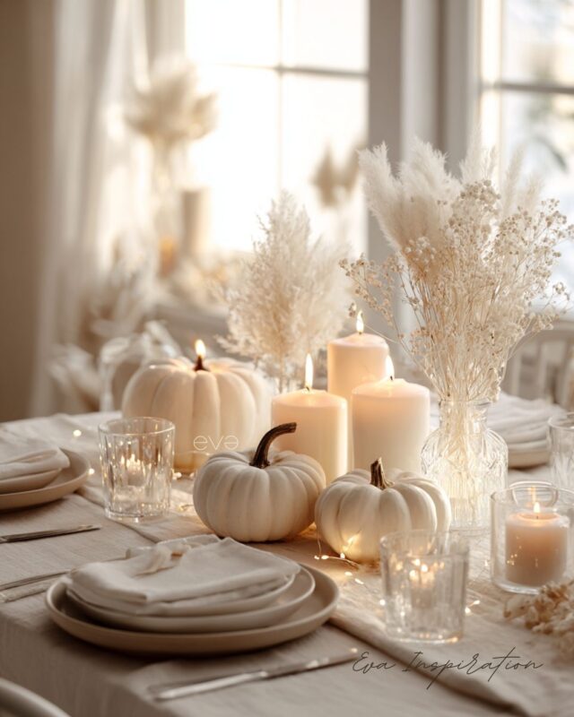 décoration automne table blanche citrouilles bougies pampas
