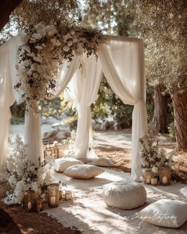 decoration mariage laique arche voilage sol coussin