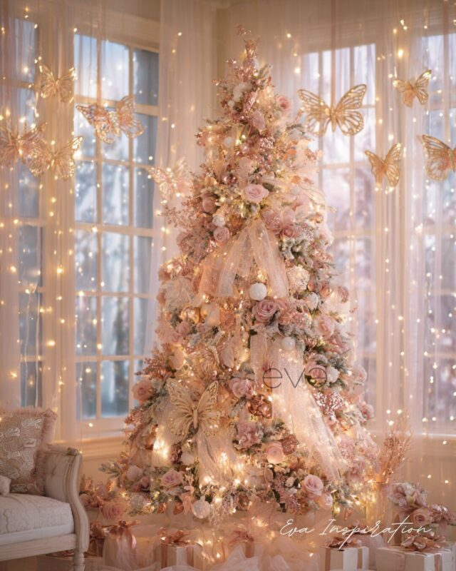 Sapin de Noël rose doré avec papillons, fleurs et guirlandes féeriques dans un décor girly et magique