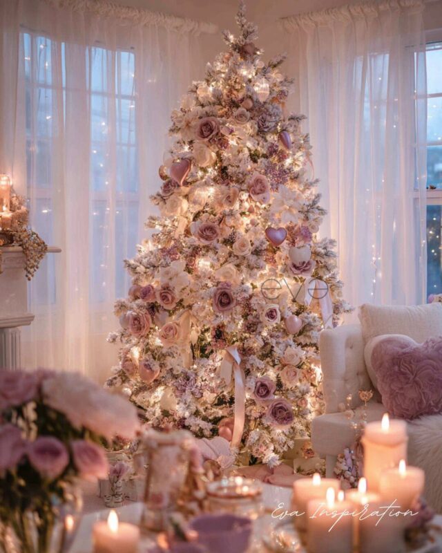 Sapin de Noël pastel rose avec fleurs, cœurs et guirlandes lumineuses dans un salon cosy