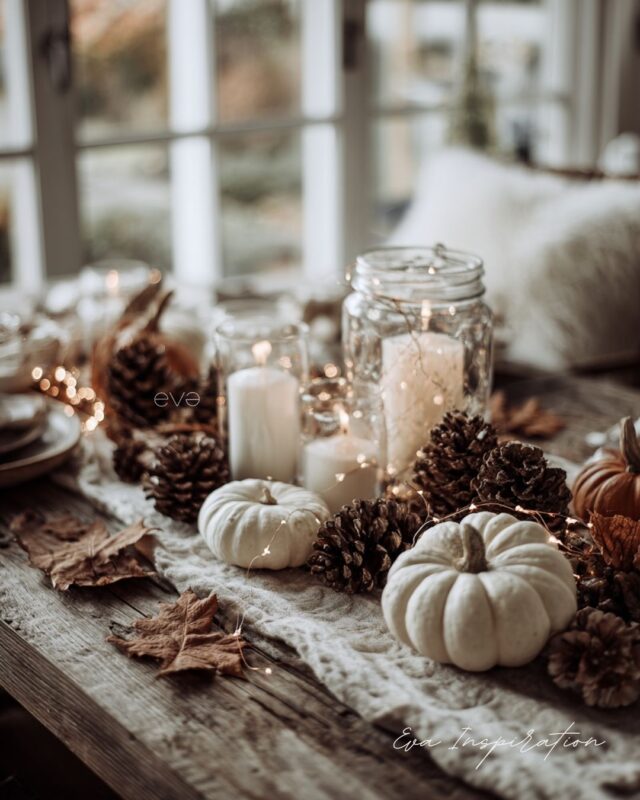 table rustique automne citrouilles pommes de pin bougies